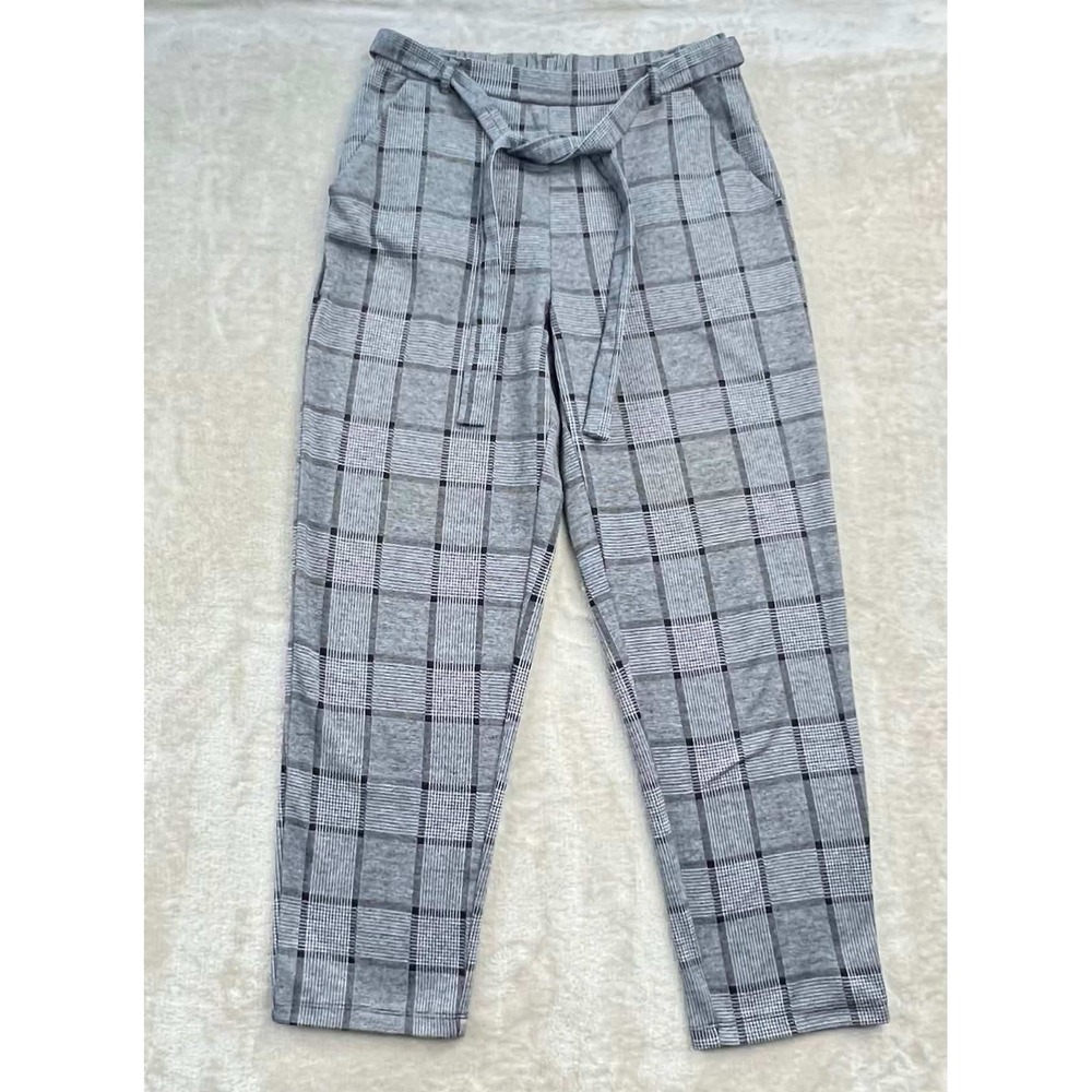 EUC Forever 21 Gray Plaid Tapered Pull On Pants with Tie Belt Womens Size S